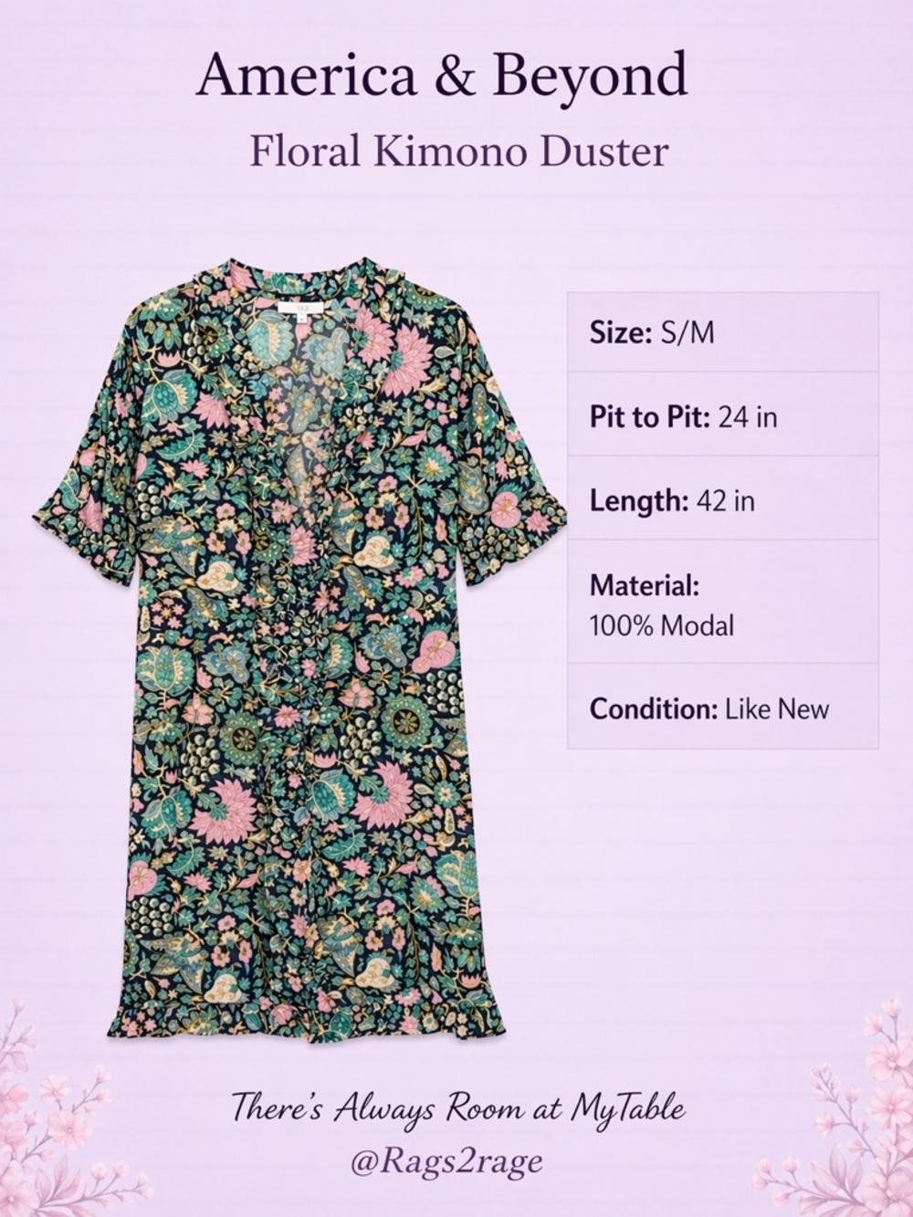 America & Beyond Floral Kimono Duster Ruffle Hem S/M - Picture 4 of 9